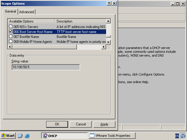 Option 066, Boot Server Host Name, defines the IP-address of the tftp-server.